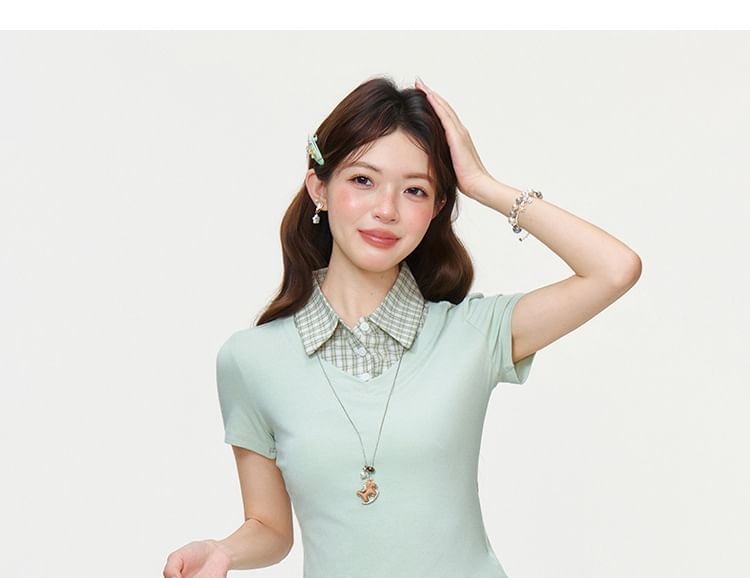 Ruffled Hem Blouse with Plaid Panels and Short Sleeves