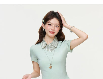 Ruffled Hem Blouse with Plaid Panels and Short Sleeves