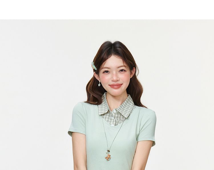 Ruffled Hem Blouse with Plaid Panels and Short Sleeves