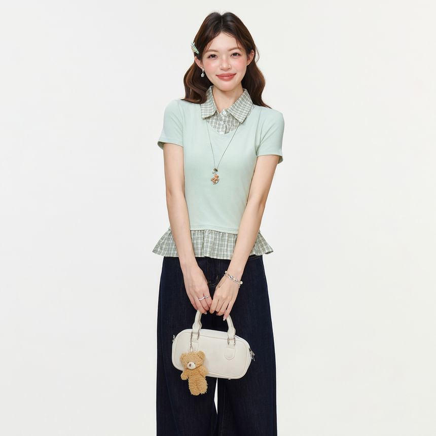 Ruffled Hem Blouse with Plaid Panels and Short Sleeves