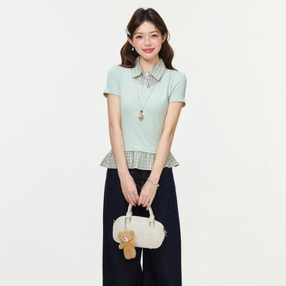 Ruffled Hem Blouse with Plaid Panels and Short Sleeves