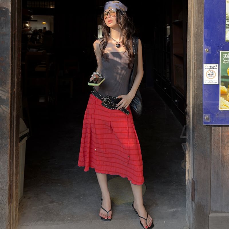 Low Waist Plain Textured Midi A-Line Skirt