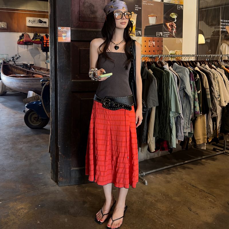 Low Waist Plain Textured Midi A-Line Skirt