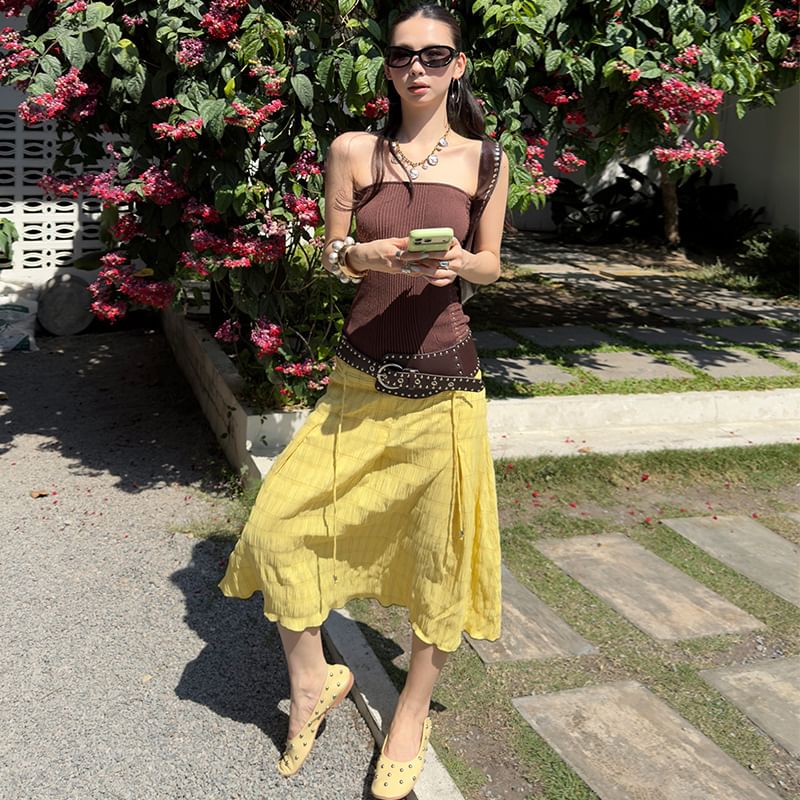 Low Waist Plain Textured Midi A-Line Skirt