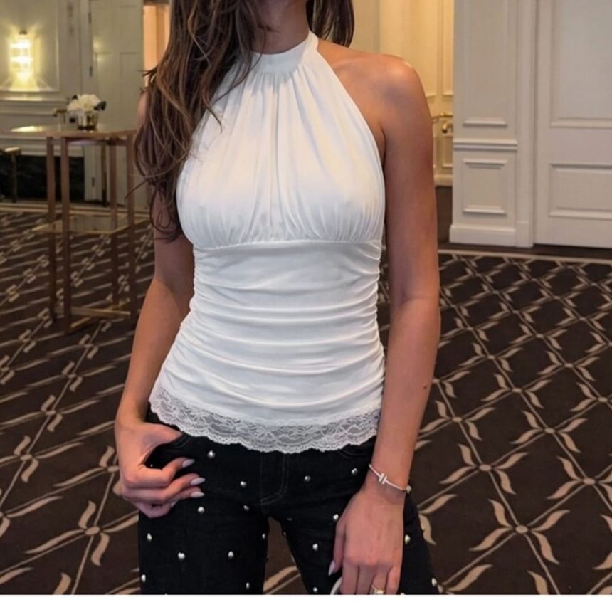 Halter Neck Plain Ruched Lace-Trim Crop Tank Top
