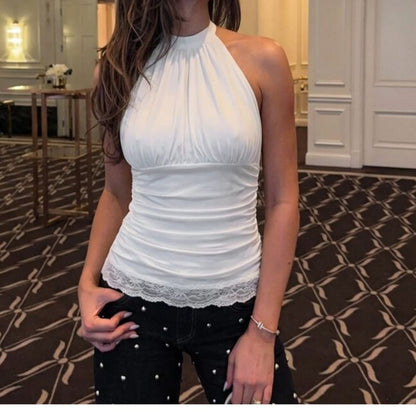 Halter Neck Plain Ruched Lace-Trim Crop Tank Top