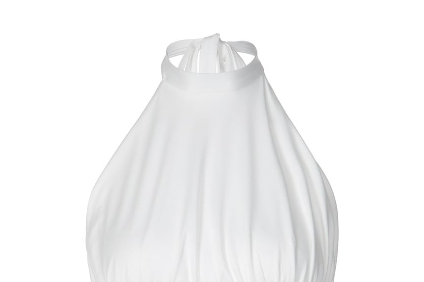 Halter Neck Plain Ruched Lace-Trim Crop Tank Top