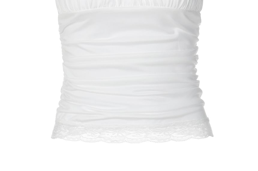 Halter Neck Plain Ruched Lace-Trim Crop Tank Top
