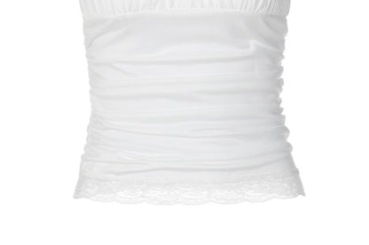 Halter Neck Plain Ruched Lace-Trim Crop Tank Top