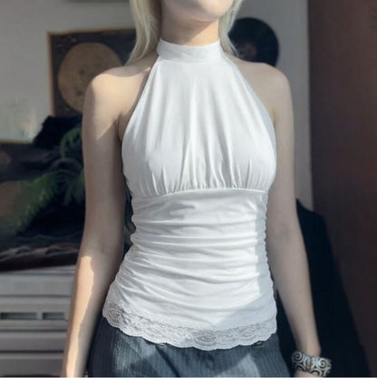 Halter Neck Plain Ruched Lace-Trim Crop Tank Top