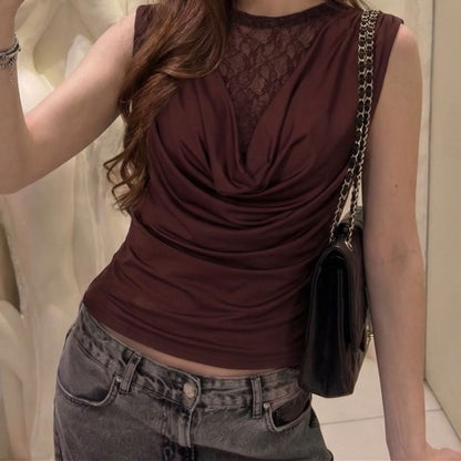Cowl Neck Lace Panel Ruched Slim-Fit Tank Top