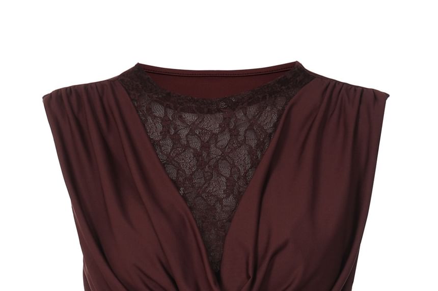 Cowl Neck Lace Panel Ruched Slim-Fit Tank Top