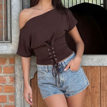 Short Sleeve Cold Shoulder Plain Lace-Up Slim-Fit Top