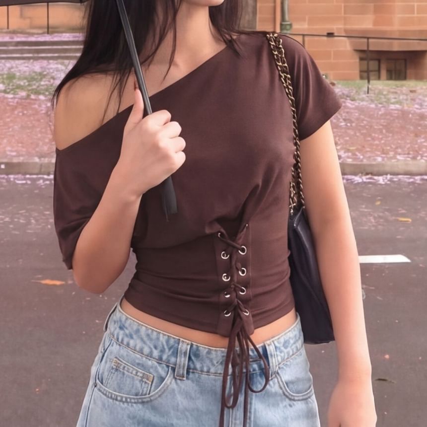 Short Sleeve Cold Shoulder Plain Lace-Up Slim-Fit Top