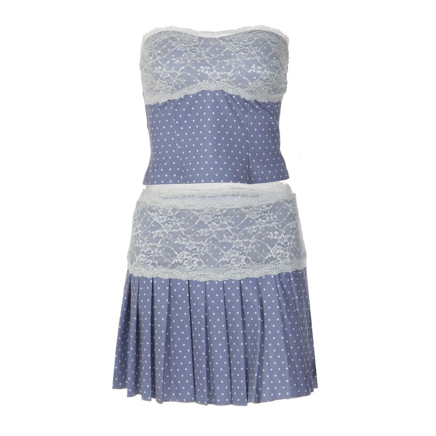 Set: Lace Panel Dotted Tube Top + Low Waist Mini Pleated Skirt