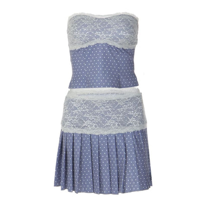 Set: Lace Panel Dotted Tube Top + Low Waist Mini Pleated Skirt