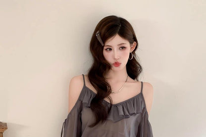 Set: Long-Sleeve V-Neck Cold Shoulder Plain Ruffle Trim Sheer Crop Blouse + High Waist Tiered Mini A-Line Skirt