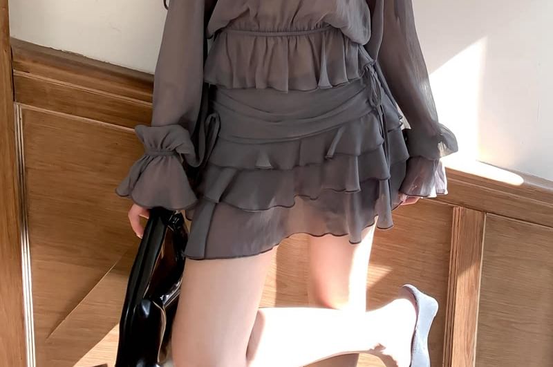 Set: Long-Sleeve V-Neck Cold Shoulder Plain Ruffle Trim Sheer Crop Blouse + High Waist Tiered Mini A-Line Skirt
