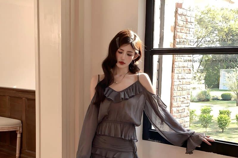 Set: Long-Sleeve V-Neck Cold Shoulder Plain Ruffle Trim Sheer Crop Blouse + High Waist Tiered Mini A-Line Skirt