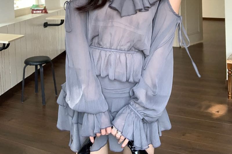 Set: Long-Sleeve V-Neck Cold Shoulder Plain Ruffle Trim Sheer Crop Blouse + High Waist Tiered Mini A-Line Skirt