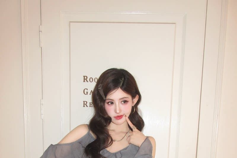 Set: Long-Sleeve V-Neck Cold Shoulder Plain Ruffle Trim Sheer Crop Blouse + High Waist Tiered Mini A-Line Skirt