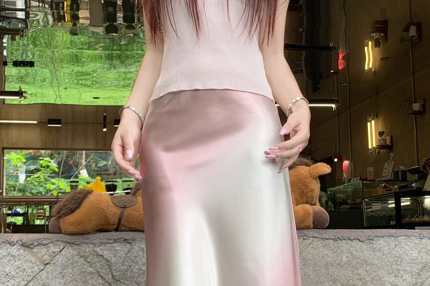 High Waist Gradient Satin Maxi A-Line Skirt