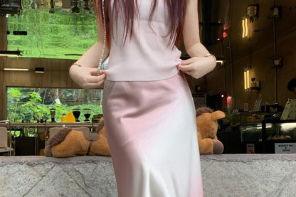 High Waist Gradient Satin Maxi A-Line Skirt