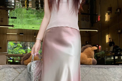 High Waist Gradient Satin Maxi A-Line Skirt