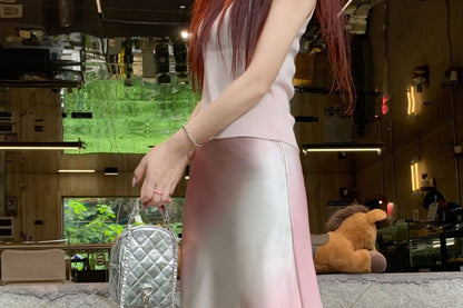 High Waist Gradient Satin Maxi A-Line Skirt