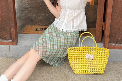 Cap-Sleeve Scoop Neck Lace Trim Button-Up Crop Blouse / High Waist Plaid A-Line Skirt
