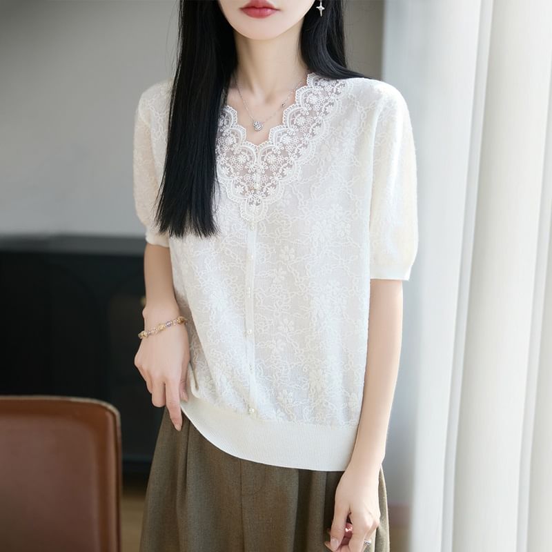 Short-Sleeve V-Neck Lace Trim Plain Knit Top
