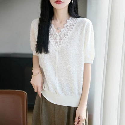 Short-Sleeve V-Neck Lace Trim Plain Knit Top