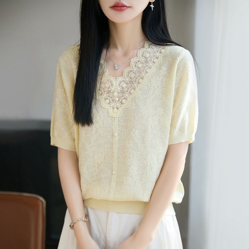 Short-Sleeve V-Neck Lace Trim Plain Knit Top