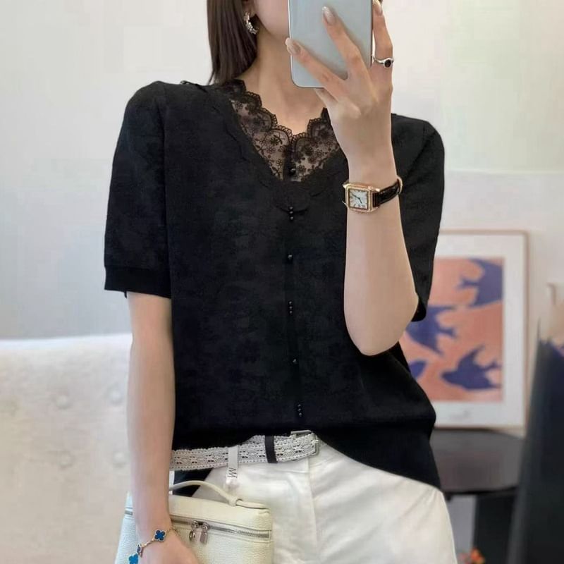 Short-Sleeve V-Neck Lace Trim Plain Knit Top