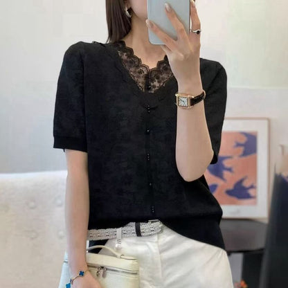 Short-Sleeve V-Neck Lace Trim Plain Knit Top