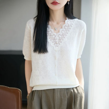 Short-Sleeve V-Neck Lace Trim Plain Knit Top