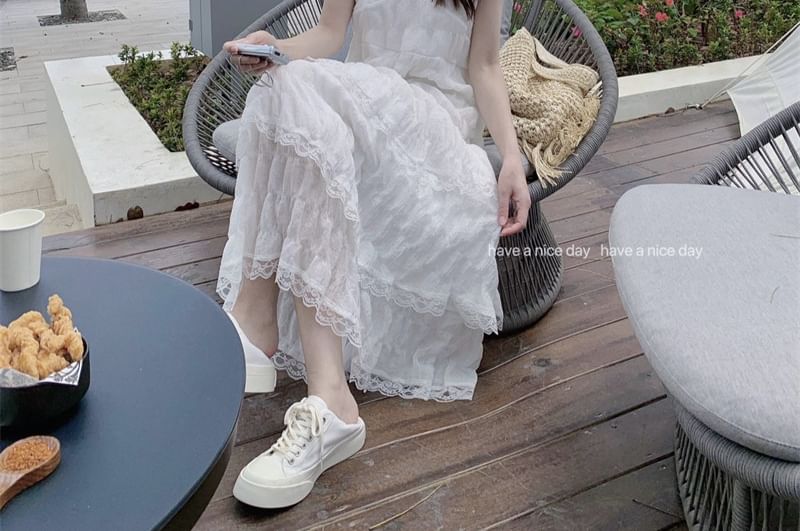 Spaghetti Strap V-Neck Lace Maxi A-Line Tiered Dress