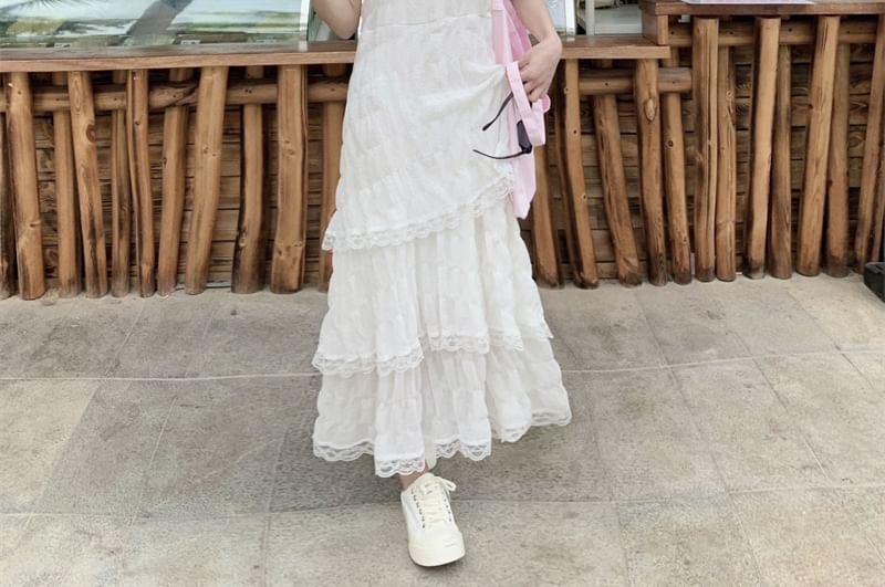 Spaghetti Strap V-Neck Lace Maxi A-Line Tiered Dress