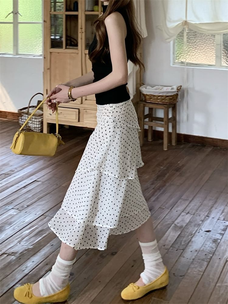 Mid Waist Dotted Midi Tiered Skirt