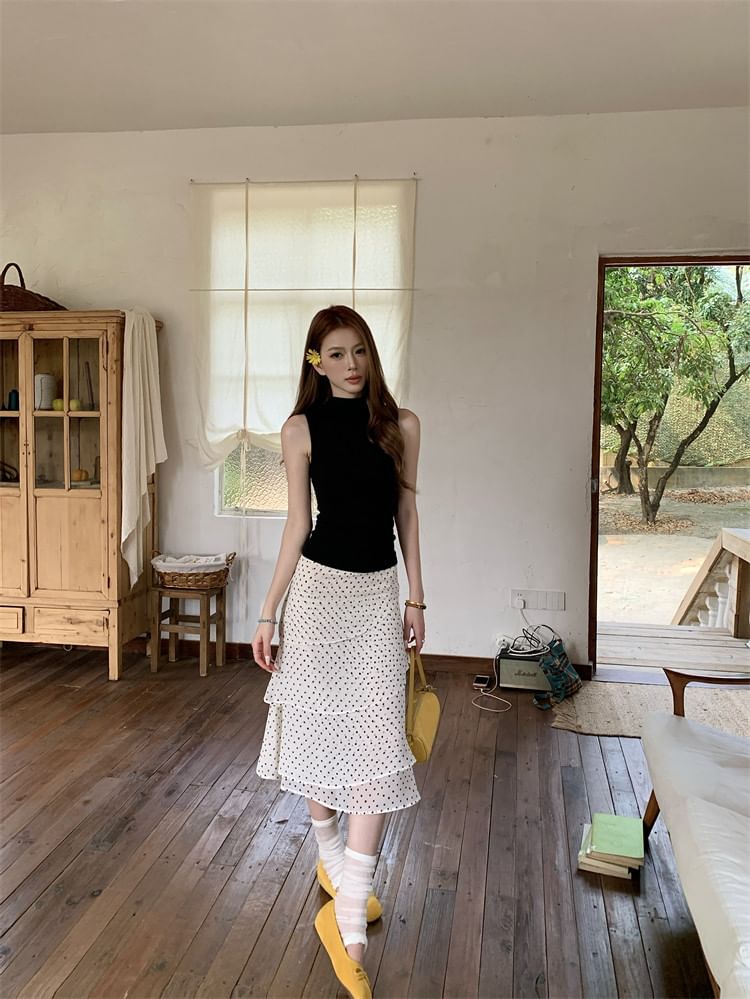 Mid Waist Dotted Midi Tiered Skirt