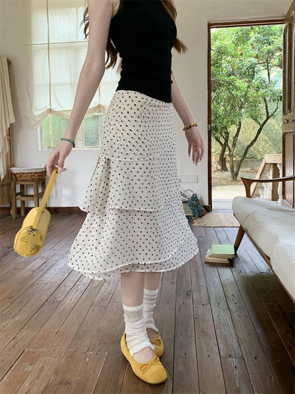 Mid Waist Dotted Midi Tiered Skirt