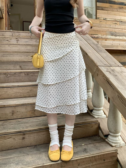 Mid Waist Dotted Midi Tiered Skirt