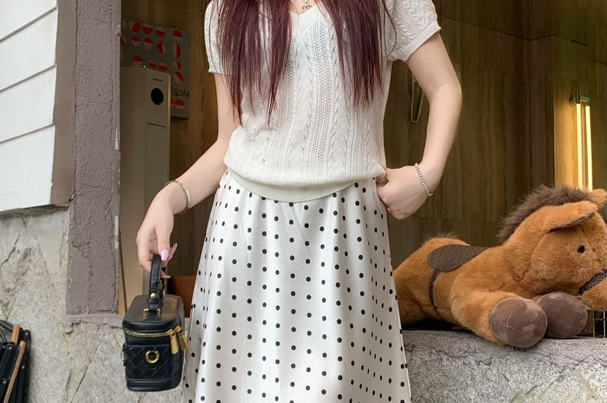 High Waist Polka Dot Overlay Midi A-Line Skirt