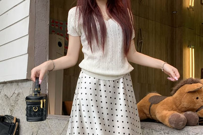 High Waist Polka Dot Overlay Midi A-Line Skirt