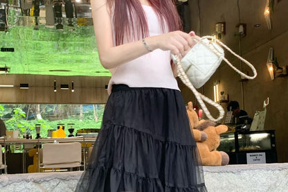 Mid Waist Asymmetrical Sheer A-Line Skirt