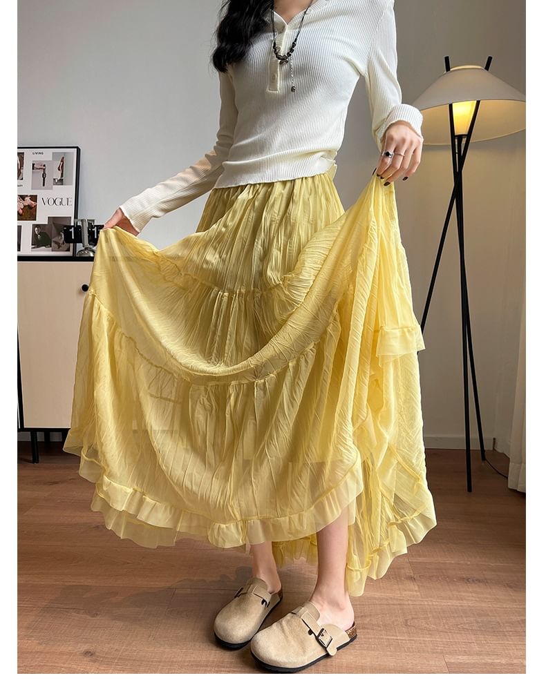 Mid Waist Plain Maxi A-Line Skirt