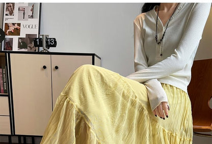 Mid Waist Plain Maxi A-Line Skirt