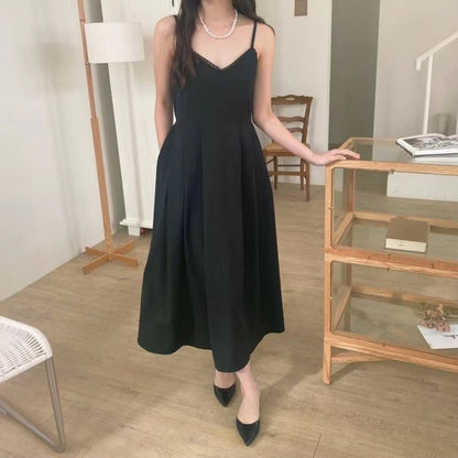 Spaghetti Strap V-Neck Plain Lace Trim Pleated Midi A-Line Dress