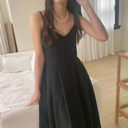Spaghetti Strap V-Neck Plain Lace Trim Pleated Midi A-Line Dress