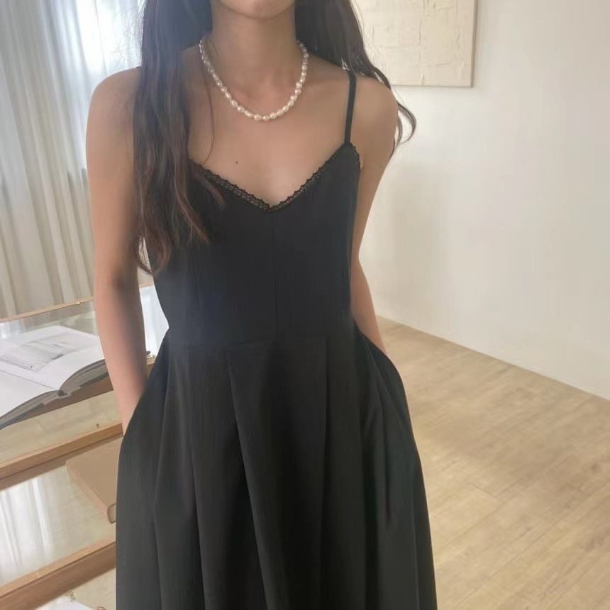 Spaghetti Strap V-Neck Plain Lace Trim Pleated Midi A-Line Dress
